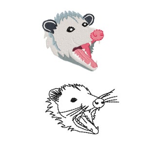 May include: A digital embroidery file of a screaming possum with a pink nose. The file is available in multiple sizes. "Screaming Possum" and "Machine Embroidery Files" are written in black text above the image. "Multiple Sizes" is written in black text below the image.