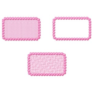 May include: Three pink dotted rectangle embroidery designs in different fill styles. The text "DOTED RECTANGLE" and "MACHINE EMBROIDERY DESIGN" is above the designs. The text "MULTIPLE SIZES IN DIFFERENT FORMATS FILL, KNOCKDOWN, AND APPLIQUE" is below the designs.