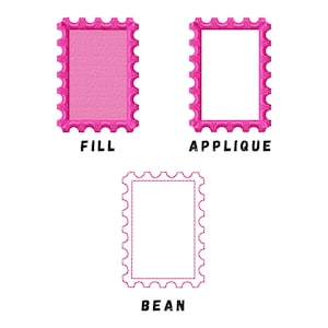 May include: Machine embroidery design featuring three rectangular stamp designs. The designs include a filled stamp, an applique stamp, and a bean stitch stamp. The text "FILL", "APPLIQUE", and "BEAN" are below each stamp. The text "STAMP RECTANGLE MACHINE EMBROIDERY DESIGN" is at the top.