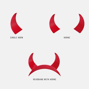 以下が含まれることがあります： 赤い悪魔の角のヘッドバンドの機械刺繍デザイン。デザインには、単一の角、2つの角、2つの角が付いたヘッドバンドが含まれています。