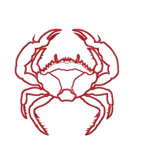 May include: A red line drawing of a crab with its claws raised. The crab is facing forward with its legs spread out.