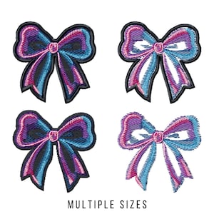 May include: Four neon colored bows in two color variations. The bows are in shades of pink, blue, and purple.  The text "NEON COLORED BOW" and "MACHINE EMBROIDERY FILES" is at the top of the image. The text "MULTIPLE SIZES" and "2 COLOR VERSIONS" is at the bottom of the image.