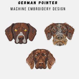 Puede incluir: Tres diseños bordados de cabezas de perro Pointer alemán. Los diseños son en marrón, negro y blanco. El texto "GERMAN POINTER" y "MACHINE EMBROIDERY DESIGN" está por encima de los diseños. El texto "MULTIPLE SIZES IN DIFFERENT FORMATS" está por debajo de los diseños.