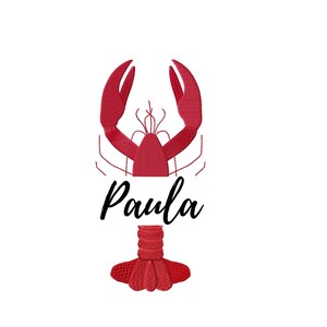 May include: Red lobster illustration with the name Paula written underneath.