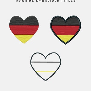 May include: Three heart-shaped embroidery designs featuring the German flag colors: black, red, and yellow. The designs are in different styles, with one showing the flag colors in a filled heart, another with the flag colors in a heart outline, and the third with a white heart with black and yellow stripes. The text "TRICOLOR HEART FLAG FILL, APPLIQUE MACHINE EMBROIDERY FILES" is at the top of the image, and the text "MULTIPLE SIZES AND FILE TYPES" is at the bottom.