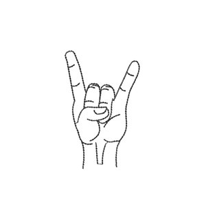 May include: A black and white line drawing of a hand making the rock and roll hand gesture.