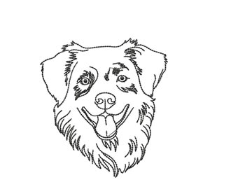 Australian shepherd dog face machine embroidery design outline, dog sketch embroidery patterns, dog line art pes files