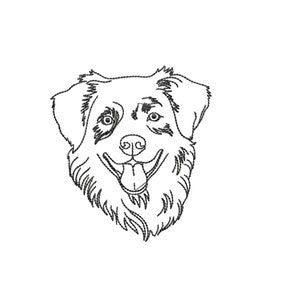 Pode incluir: Desenho de linha da cabeça de um cão com uma expressão feliz. O cão tem orelhas caídas e um focinho longo.