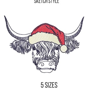 Highland cow with Santa hat machine embroidery designs, Christmas farm animals embroidery files, sketch embroidery patterns