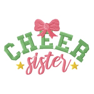 May include: Green and pink embroidered design with the text "Cheer sister" and two yellow stars.