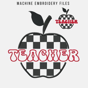 May include: Black and white checkered apple with the word "TEACHER" in red outlined letters. The apple has a green leaf stem.