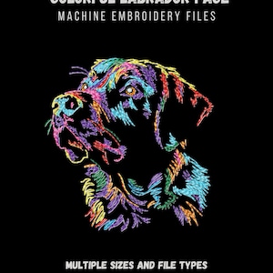 May include: A colourful machine embroidery design of a Labrador Retriever's face. The design is made up of various colours, including blue, green, purple, and yellow. The design is perfect for creating personalised projects, such as clothing, bags, and home decor.