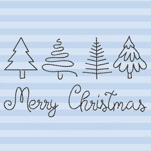 May include: Digital file featuring four stylized Christmas trees and the words "Merry Christmas" in a script font. The design is in black on a light blue striped background. The top of the image includes the text "KRAFTYGRAPHY" and "DIGITAL FILES".