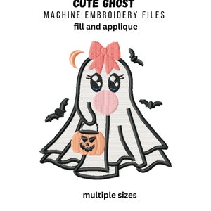 Uroczy duch z gumą balonową i kokardą, wzory do haftu maszynowego dla dziewczynek na Halloween, ścieg wypełniający i aplikacja, wiele rozmiarów