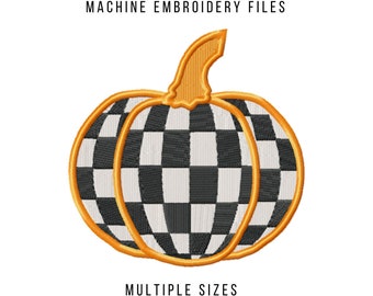 May include: A black and white checkered pumpkin with an orange stem. "Checkered Pumpkin" and "Machine Embroidery Files" are written above the pumpkin. "Multiple Sizes" is written below the pumpkin.