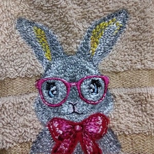 Bunny with eyeglasses and bow machine embroidery design, detailed cute bunny face embroidery applique and fill, multiple sizes, Easter files