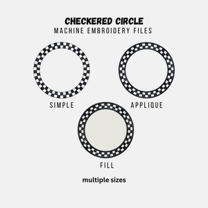Op de afbeelding: Drie verschillende stijlen van geruite cirkel borduurmotieven: simpel, appliqué en gevuld. Het gevulde ontwerp is verkrijgbaar in meerdere maten.