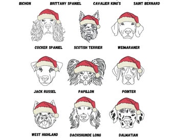 13 Dog Faces with Santa hat machine embroidery design bundle, multiple sizes, SKETCH style, Christmas dog breeds VOL 2