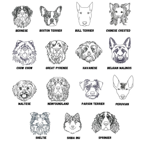 15 Dog Faces machine embroidery designs, VOL 3, dog breeds embroidery patterns outline sketch style, for dog owners, light density