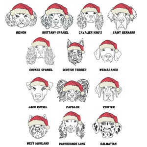 Könnte beinhalten: Eine digitale Illustration von 12 verschiedenen Hunderassen, die Weihnachtsmützen tragen. Die Rassen umfassen Bichon, Brittany Spaniel, Cavalier King Charles Spaniel, Bernhardiner, Cocker Spaniel, Scottish Terrier, Weimaraner, Jack Russel Terrier, Papillon, Pointer, West Highland White Terrier, Langhaar-Dackel und Dalmatiner.
