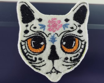 Cat Sugar Skull Machine Embroidery Designs, Cute and Beautiful Cat Face Applique Embroidery Patterns, Day of the Dead Embroidery Files Pes