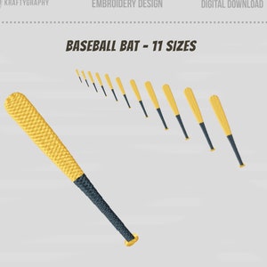 May include: A digital embroidery design of a yellow and black baseball bat. The design comes in 11 different sizes. "Baseball Bat - 11 Sizes" is written in black text on a gray background.