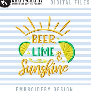 Puede incluir: Diseño de bordado con un sol amarillo con rayos, dos rodajas de lima verde y el texto "Beer, Lime & Sunshine" en amarillo.