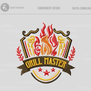 Könnte beinhalten: Gesticktes Design eines Grillmeister-Logos mit einer Flamme, Sternen und dem Text "Grill Master".