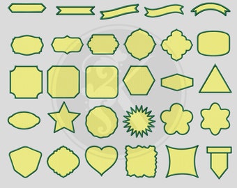 Peut inclure: Une collection de vingt-neuf étiquettes de broderie numérique aux formes géométriques variées, incluant des étoiles, des cœurs, des triangles et des bannières. Chaque forme jaune pâle présente une bordure vert foncé et une texture textile.