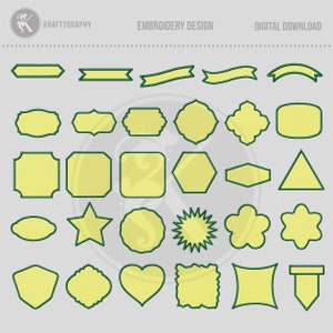 May include: A set of 25 embroidery designs featuring various shapes, including banners, squares, circles, stars, hearts, and more. The designs are outlined in green and filled with a light yellow color.