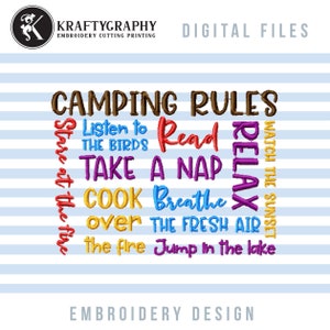 Lake Camping Machine Embroidery Designs, Campsite Embroidery Sayings, Camping Rules Embroidery Patterns, Lake Rules Pes Files, Lake Jef