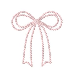 May include: A light pink beaded bow design, featuring two loops and two flowing tails, set against a white backdrop. The image includes text indicating multiple sizes, machine embroidery files, and a digital download option.