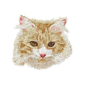 May include: An embroidered cat face with a fluffy, light brown and white coat, pink ears, and a pink nose. The image is set against a white background. The text at the bottom reads "Multiple Sizes Machine Embroidery Files Digital Download."
