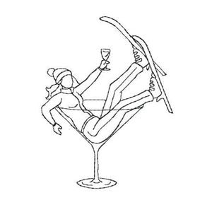 May include: Black and white line art of a person reclining in a martini glass, holding a cocktail and skis. The person is wearing a hat and winter clothing. The image includes the text "Multiple Sizes", "Machine Embroidery Files", and "Digital Download".