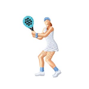 May include: An illustration of a tennis player in a white dress and blue accessories, holding a blue racket. The image is set against a white background. The text "Multiple Sizes Machine Embroidery Files Digital Download" is at the bottom.