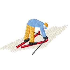 May include: An embroidered design of a skier in a blue jacket, yellow trousers, and a yellow helmet, on red skis. The skier is bent over, as if skiing down a slope. The design is on a white background. The image also includes the text "Multiple Sizes Machine Embroidery Files Digital Download".