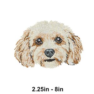 May include: An embroidered dog face with a light brown and cream-colored coat. The image includes the text "2.25in - 8in Applique (no satin) and Fill". The design is available in multiple sizes and is a digital download.