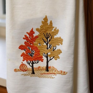 Fall scene machine embroidery design, autumn landscape with trees and pumpkin