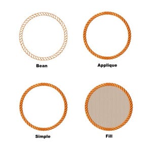 May include: Four circular designs featuring rope-like borders. The designs include "Bean", "Applique", "Simple", and "Fill". The "Fill" design has a beige interior. A black and white logo is in the top right corner.