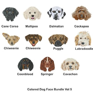 Può includere: Una collezione di disegni colorati di facce di cani, tra cui Cane Corso, Maltipoo e Dalmata. L'immagine presenta varie razze, perfette per progetti di ricamo a macchina. Il testo recita "Colored Dog Face Bundle Vol 5" e "Multiple Sizes".