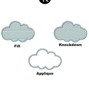 May include: Three cloud designs for machine embroidery are displayed. The clouds are in light blue, with the words "Fill", "Knockdown", and "Applique" underneath each cloud. The image also includes the text "Multiple Sizes", "Machine Embroidery Files", and "Digital Download".