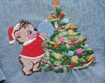 Stickdateien für Weihnachtsbären für Babys (Jungen oder Mädchen) | Retro-Stil | Weihnachtsmann, Bärenjunges und Weihnachtsbaum | 7,6–12,7 cm