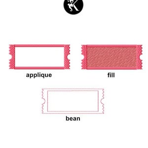 May include: Three rectangular ticket-shaped machine embroidery designs in pink. The top left is an applique style, the top right is a fill stitch style, and the bottom is a bean stitch outline. Text labels include applique, fill, and bean.