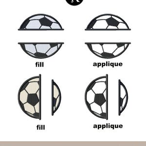 Puede incluir: Un diseño digital con cuatro mitades de balón de fútbol en blanco y negro, etiquetadas como "fill" y "applique". El diseño incluye un logotipo en la parte superior y el texto "Multiple Sizes", "Machine Embroidery Files" y "Digital Download" en la parte inferior.