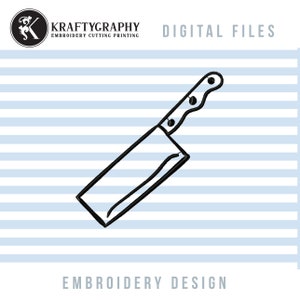 Peut inclure: Illustration en noir et blanc d'un couteau de chef avec un manche. Le couteau est sur un fond rayé bleu et blanc. Le texte "EMBROIDERY DESIGN" est sous le couteau.
