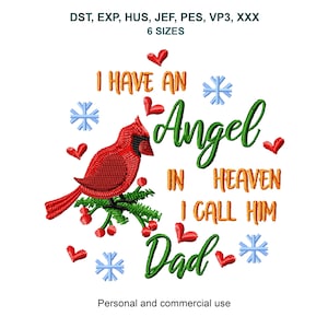 Dad Memorial Machine Embroidery Design, Angel and Cardinal Pattern, 3in - 8in