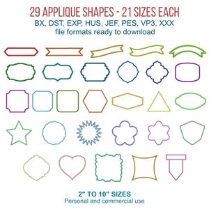 Op de afbeelding: Een verzameling van 29 applicatievormen in diverse contouren, waaronder sterren, harten en banners. De afbeelding bevat de tekst "29 APPLIQUE SHAPES - 21 SIZES EACH" en maten van 5 cm tot 25 cm. Klaar om te downloaden.