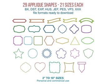 May include: A collection of 29 applique shapes in various outlines, including stars, hearts, and banners. The image includes the text "29 APPLIQUE SHAPES - 21 SIZES EACH" and "2" to 10" sizes. Ready to download in multiple file formats.