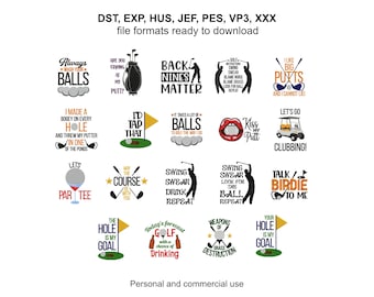 Golf Machine Embroidery Design Bundle: Funny Sayings Downloads with Multiple Sizes
