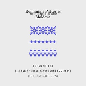 May include: A light gray image featuring three blue cross-stitch patterns. The text at the top reads "Romanian Patterns" and "Moldova." Below the patterns, the text says "Cross Stitch" and details about thread passes and sizes.